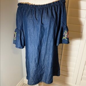 Women’s small Denim Off-Shoulder dress with Embroidered Sleeves